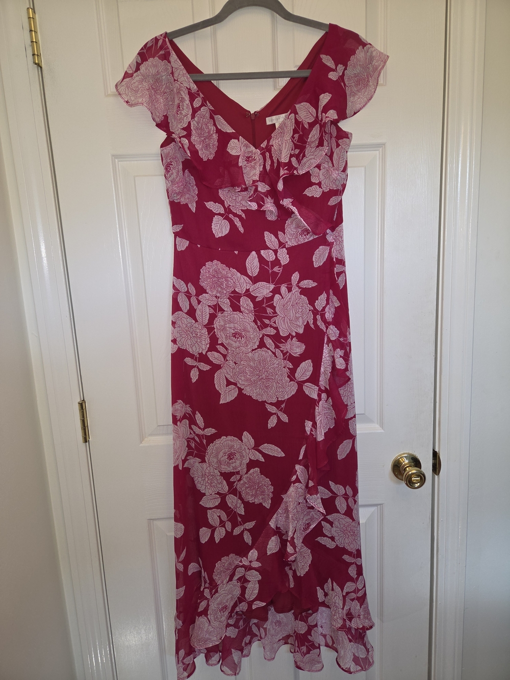 London Times Fuchsia Pink Floral Wrap-Style Maxi Dress